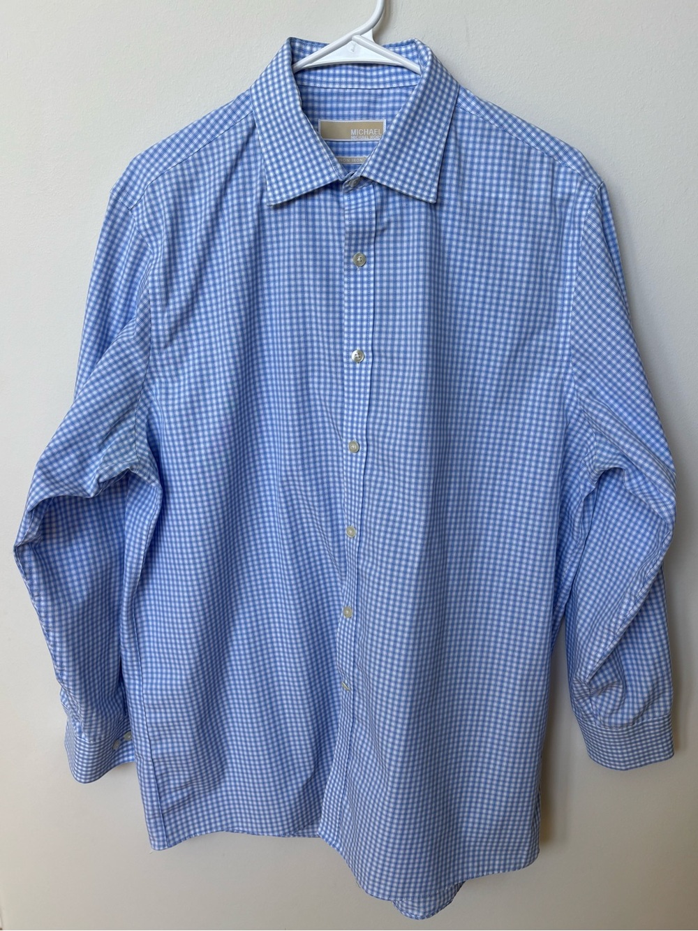 Micheal Kors Men’s blue white check non iron dress shirt sz 16.5 32/33